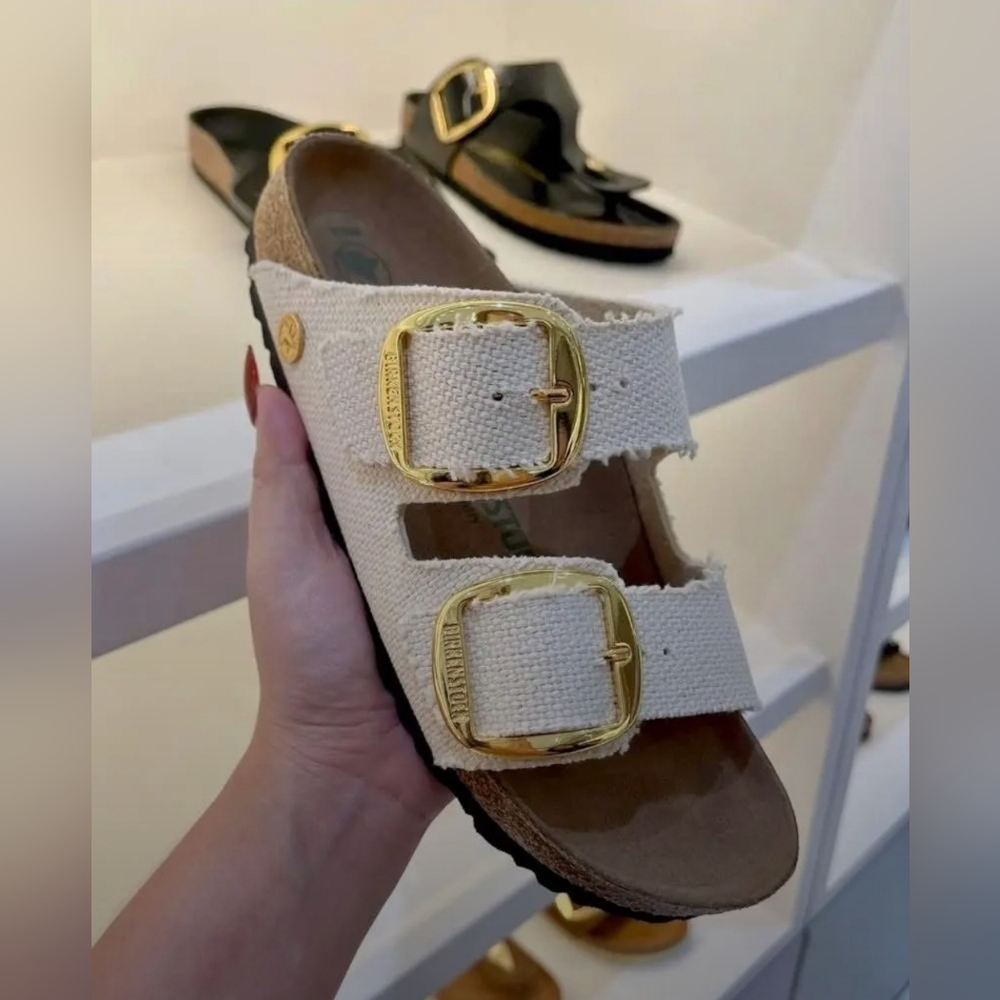 Birkenstock Arizona Big Buckle Vegan Eggshell Cream Slide Sandal Size 38 Or 7 - Picture 1 of 6